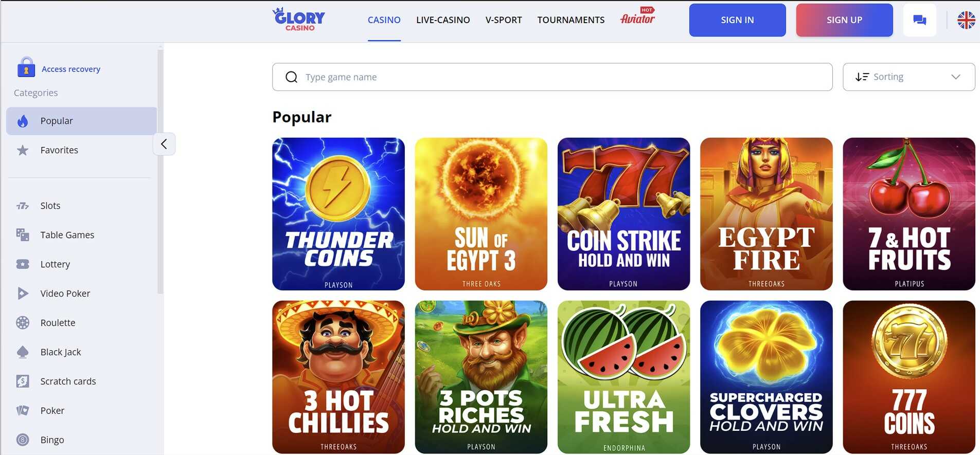 Glory Casino Main page site